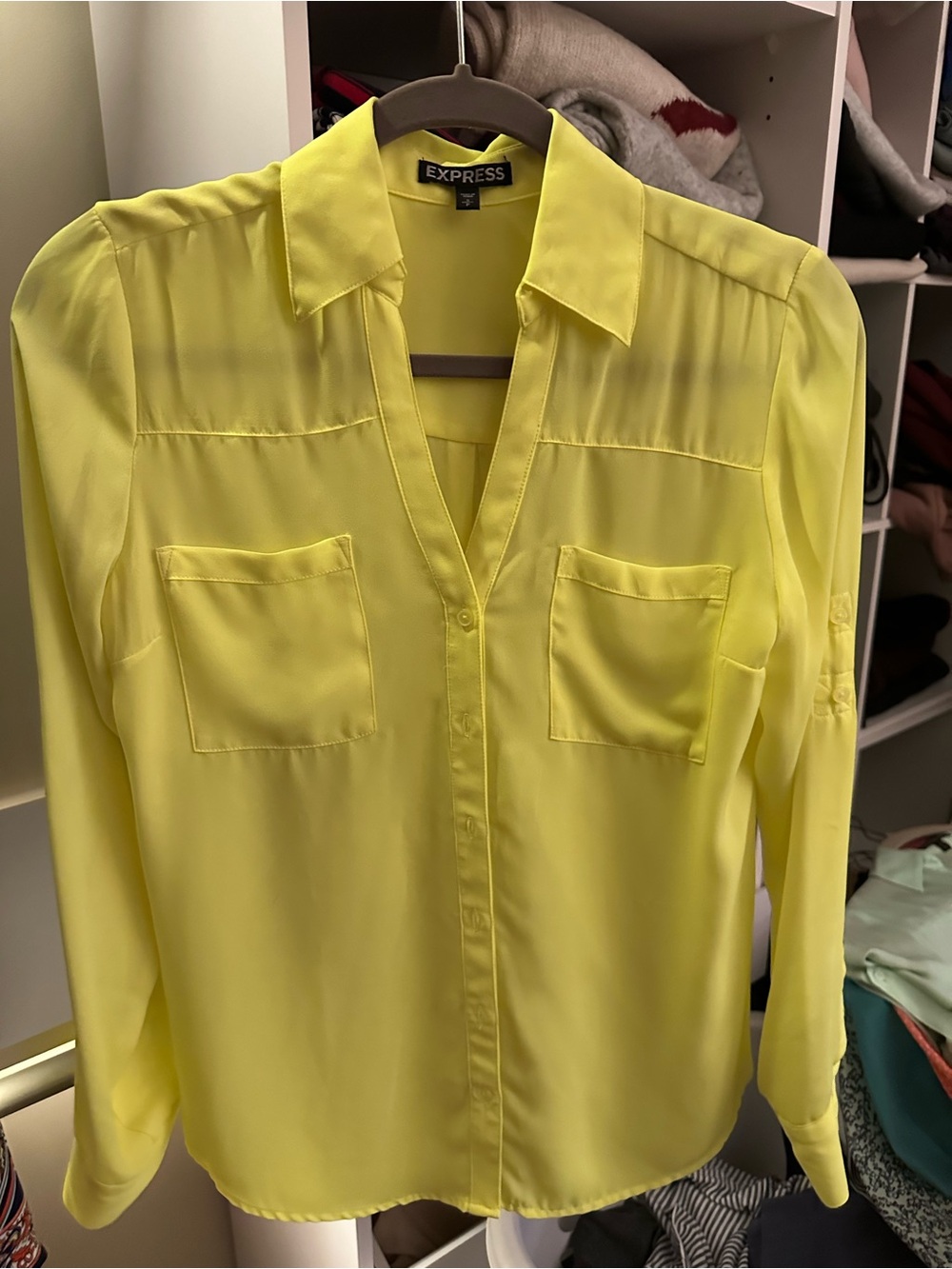 Express Women's Neon Yellow Collared Button-Down Blouse